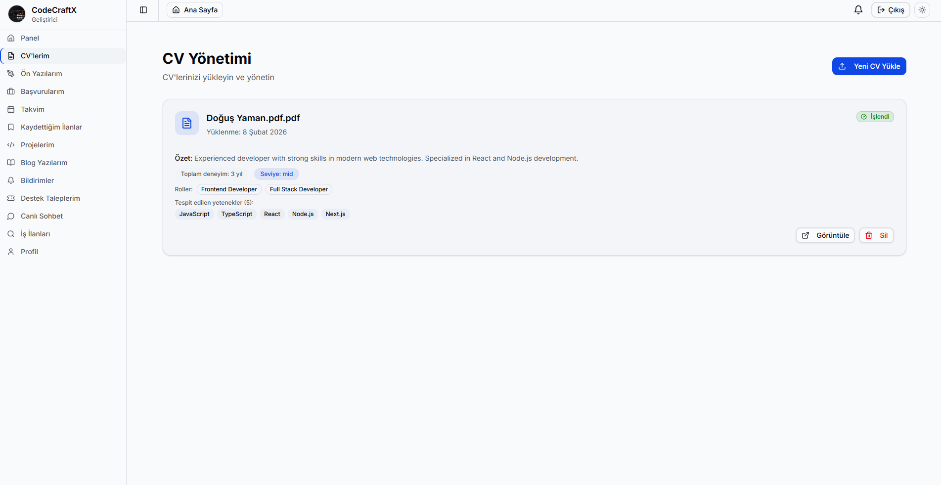 CodeCraftX işveren dashboard görünümü